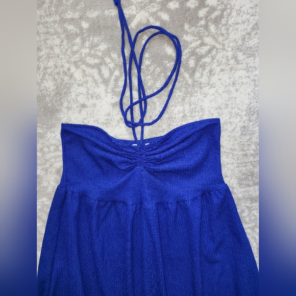 H&M Blue Crinkled Drawstring Halter Neck Flowly Dress, Size S - Picture 5 of 8